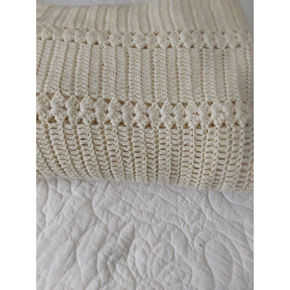 Vintage Hand Crocheted Afghan: Large Beige Throw, Full Size Coverlet